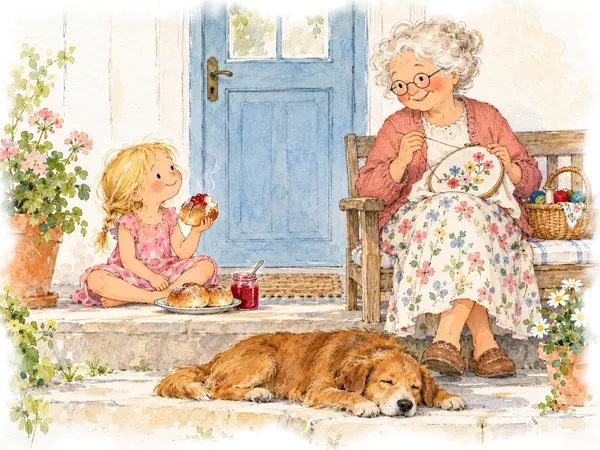 Mormor sidder på bænken ved døren og broderer, og hendes lille barnebarn sidder på trappen og spiser en lun surdejsbolle med syltetøj, mens hunden sover ved siden af